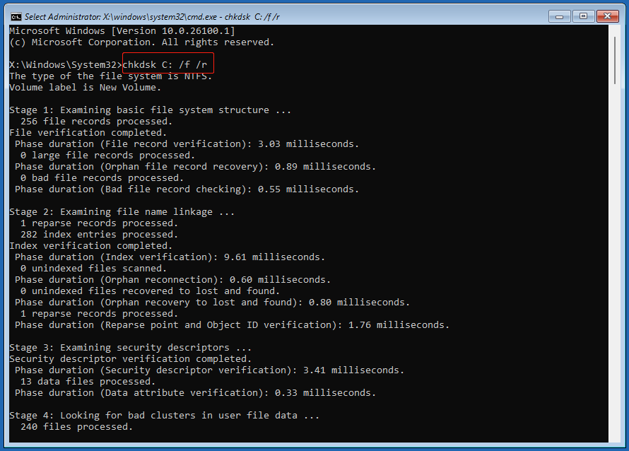 Führen Sie den CHKDSK-Befehl aus, um Dateisystemfehler auf dem Laufwerk C zu reparieren