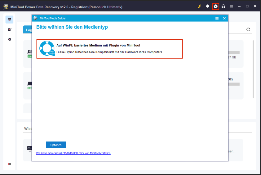 Wählen Sie den Medientyp in MiniTool Power Data Recovery