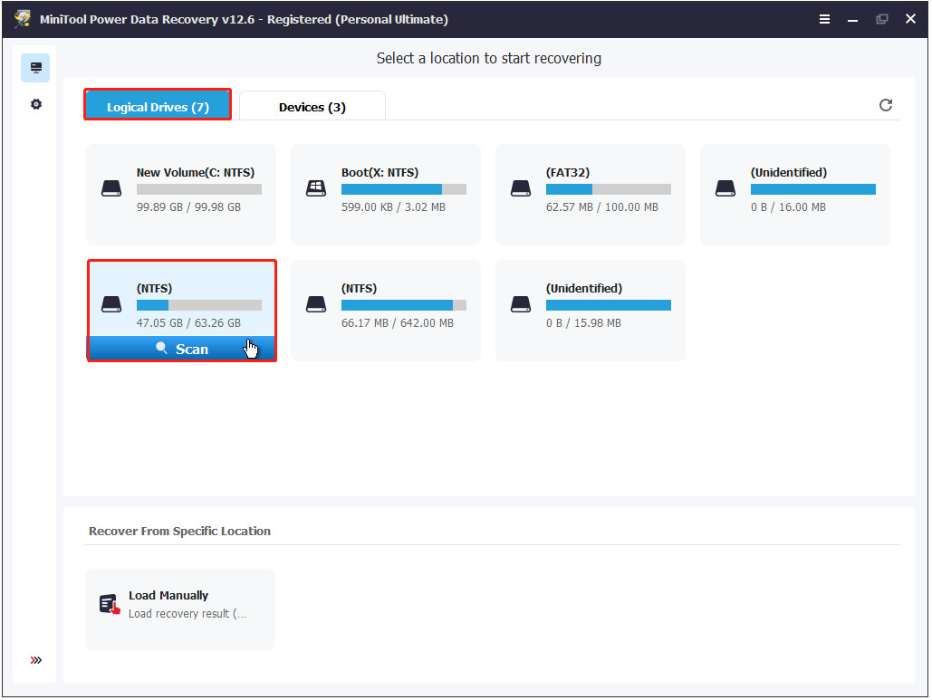 select the drive to scan for files in MiniTool Power Data Recovery