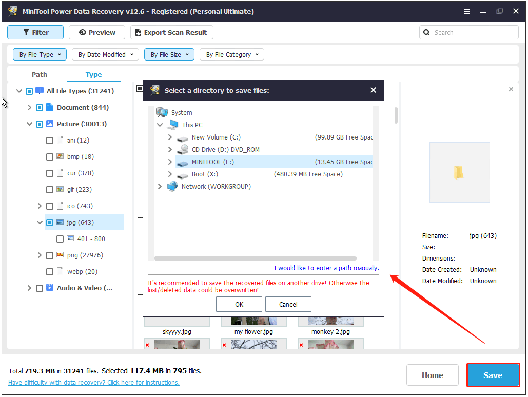 save the recovered files to a safe location in MiniTool Power Data Recovery