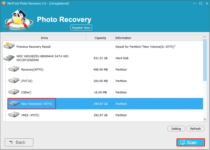 MiniTool Photo Recoveryでドライブを選択し、「Scan」をクリックして削除または紛失した動画を検索