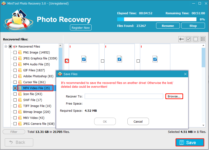 MiniTool Photo Recoveryで動画を復元した後、「Browse…」をクリックして保存先のディレクトリを選択