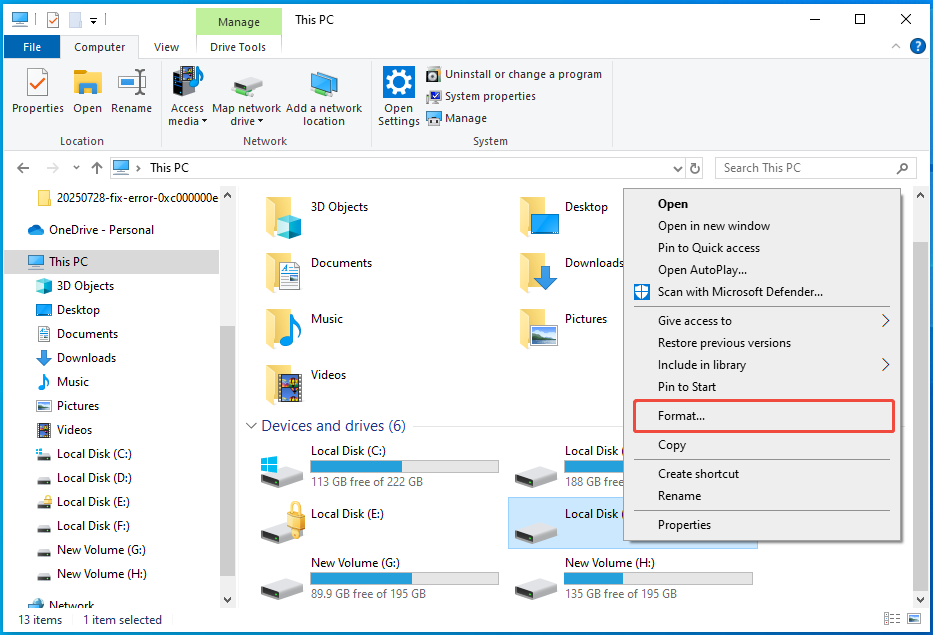 go to This PC, right-click the target partition, and select Format