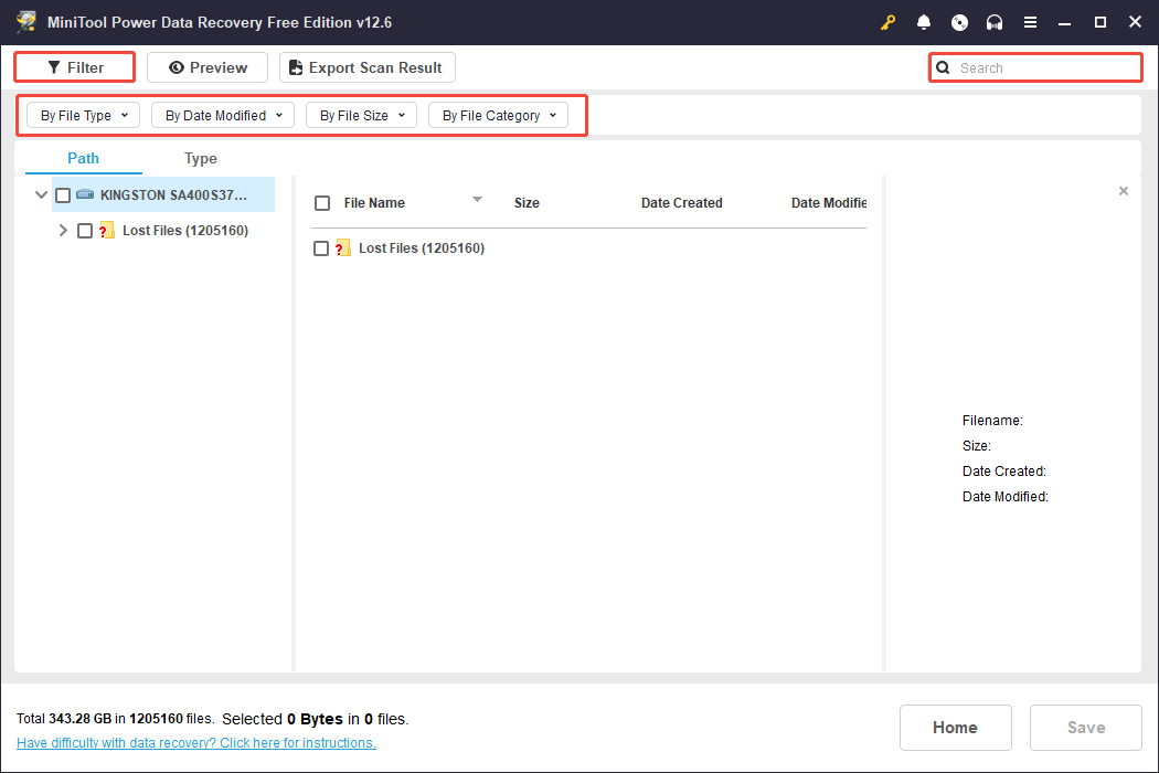 the Filter and Search functions in MiniTool Power Data Recovery