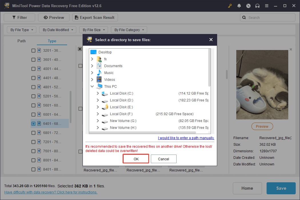 save the wanted files via MiniTool Power Data Recovery