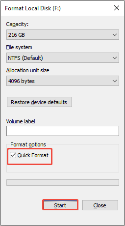 check the Quick Format option and click the Start button