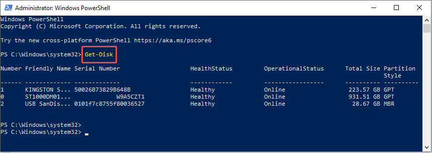 type the cmdlet to list the hard drive