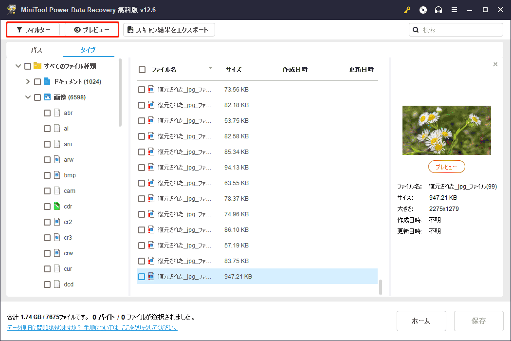 MiniTool Power Data Recoveryのパスとタイプから特定のファイルを見つけ