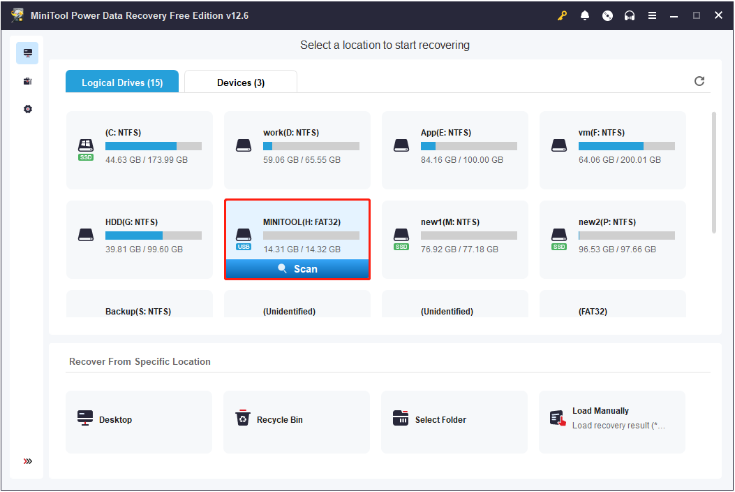 select the USB drive to scan in MiniTool Power Data Recovery