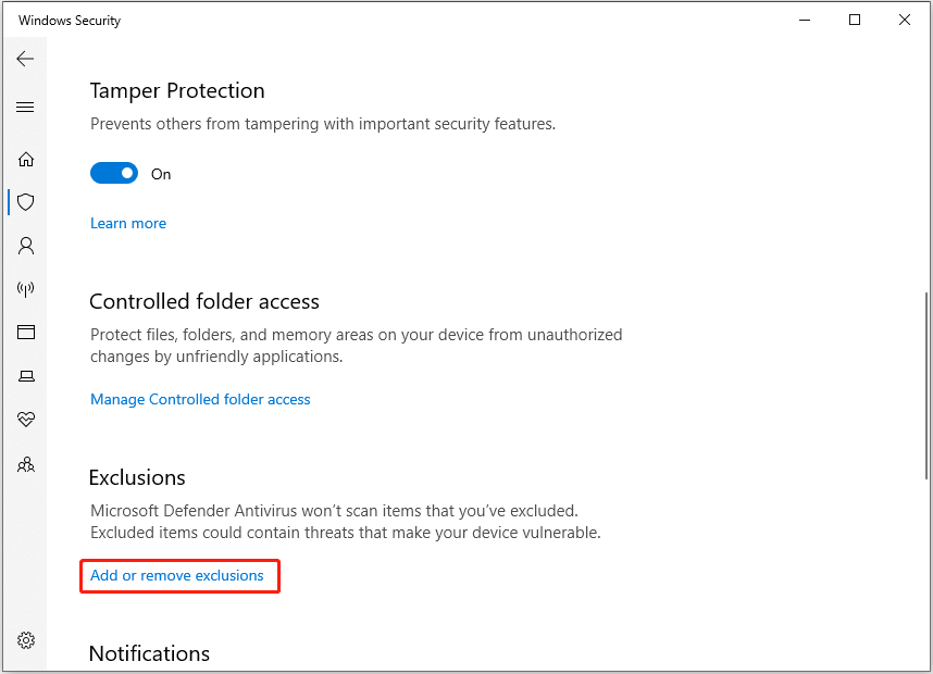 add or remove Windows Defender exclusions