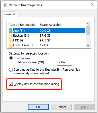 enable deletion confirmation dialog from Recycle Bin properties