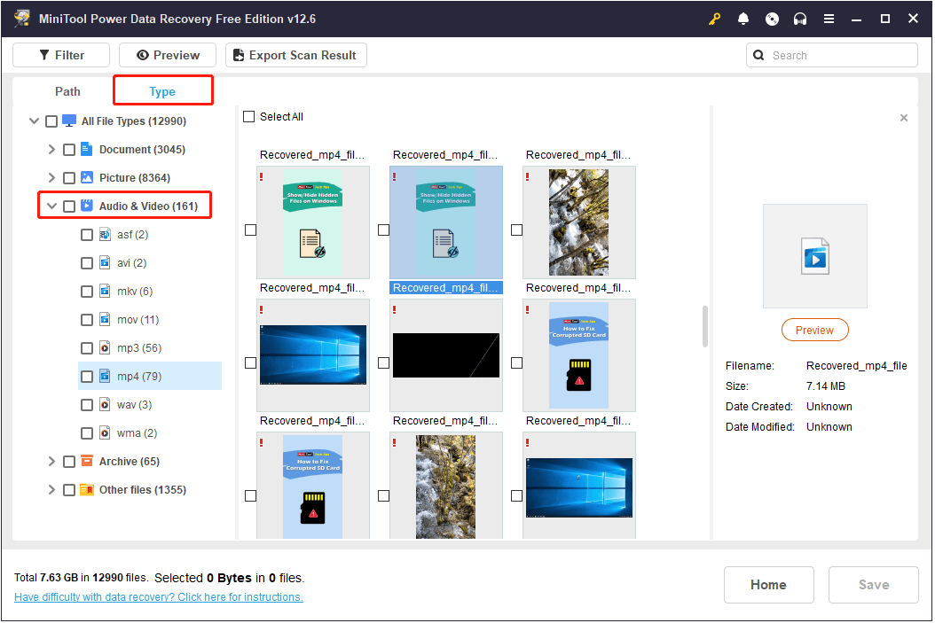 view video files in Audio & Video under Type in MiniTool Power Data Recovery