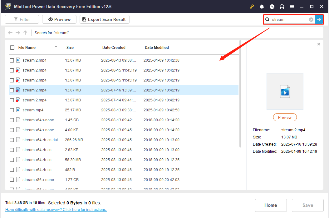 search for a file in MiniTool Power Data Recovery