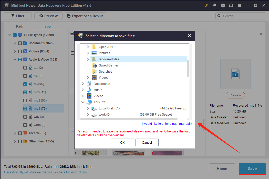 save the desired videos in MiniTool Power Data Recovery