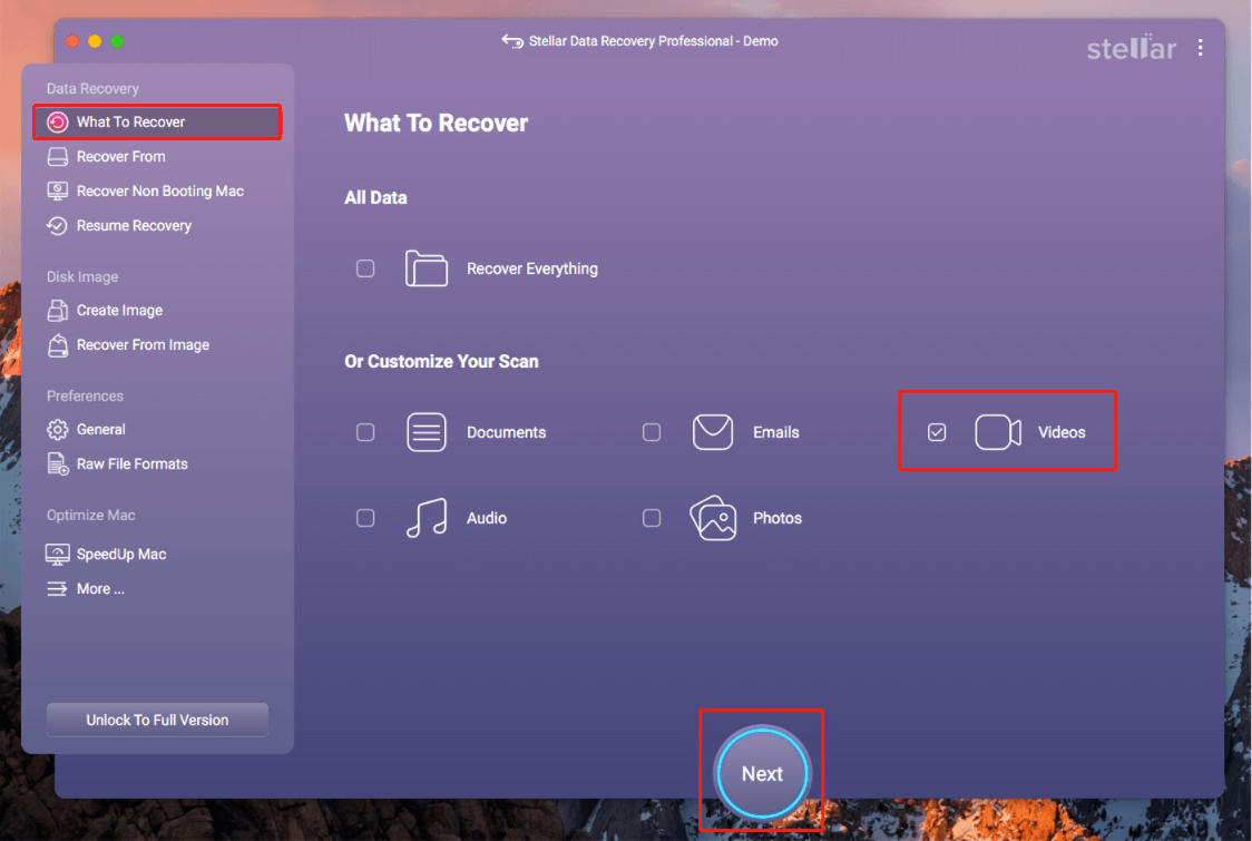 select what to recover in Stellar Data Recovery for Mac