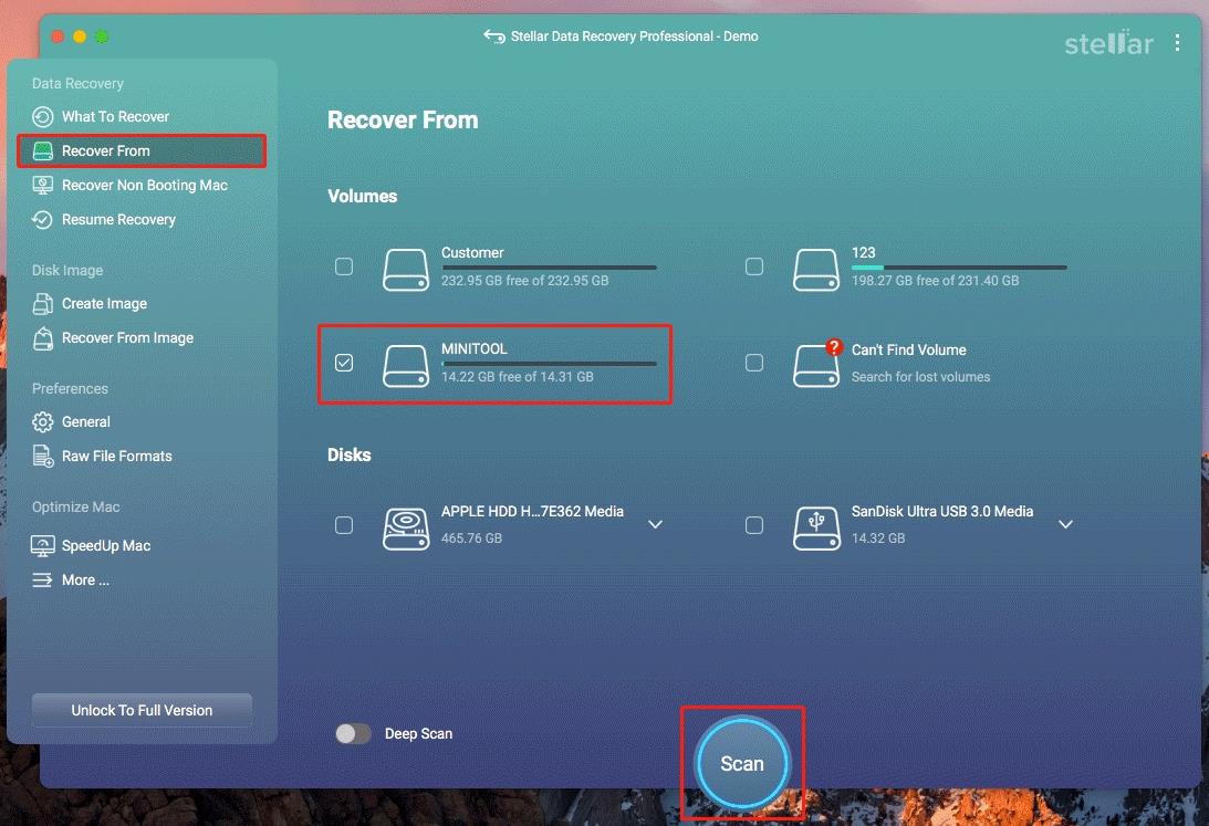 select the drive you want to scan in Stellar Data Recovery for Mac
