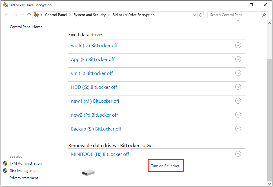 turn on BitLocker on the USB drive from the Control Panel