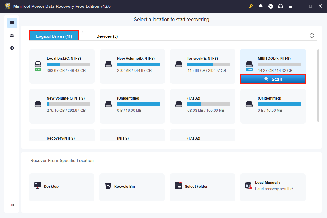 scan the partition using MiniTool Power Data Recovery