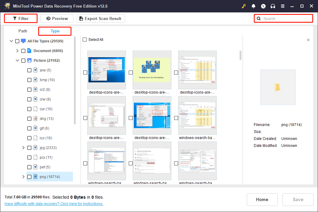 use Type, Filter, Search to find files in MiniTool Power Data Recovery
