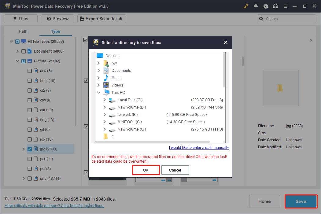 recover files to a new place using MiniTool Power Data Recovery