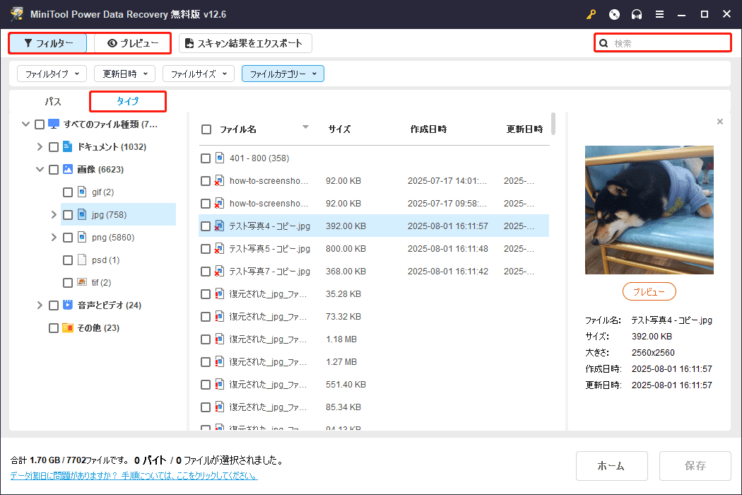 データ復元の効率を高めるために、フィルター、タイプ、検索およびプレビュー機能を活用