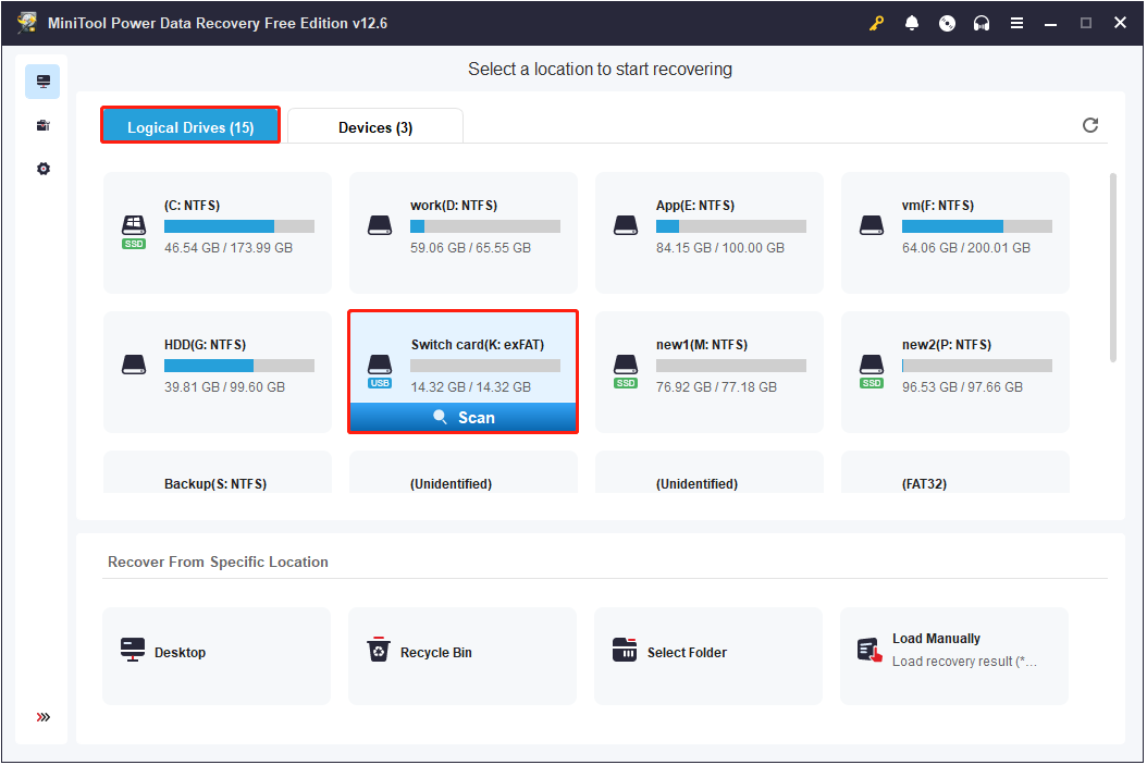 select the microSD card to scan in MiniTool Power Data Recovery