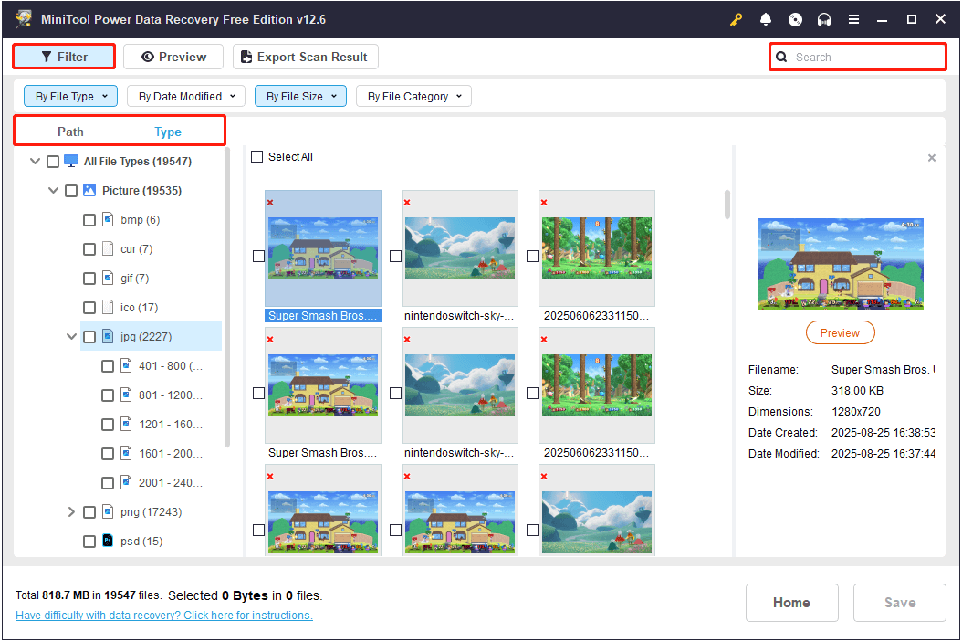 use the Path, Type, Filter, and Search features to find wanted files in MiniTool Power Data Recovery