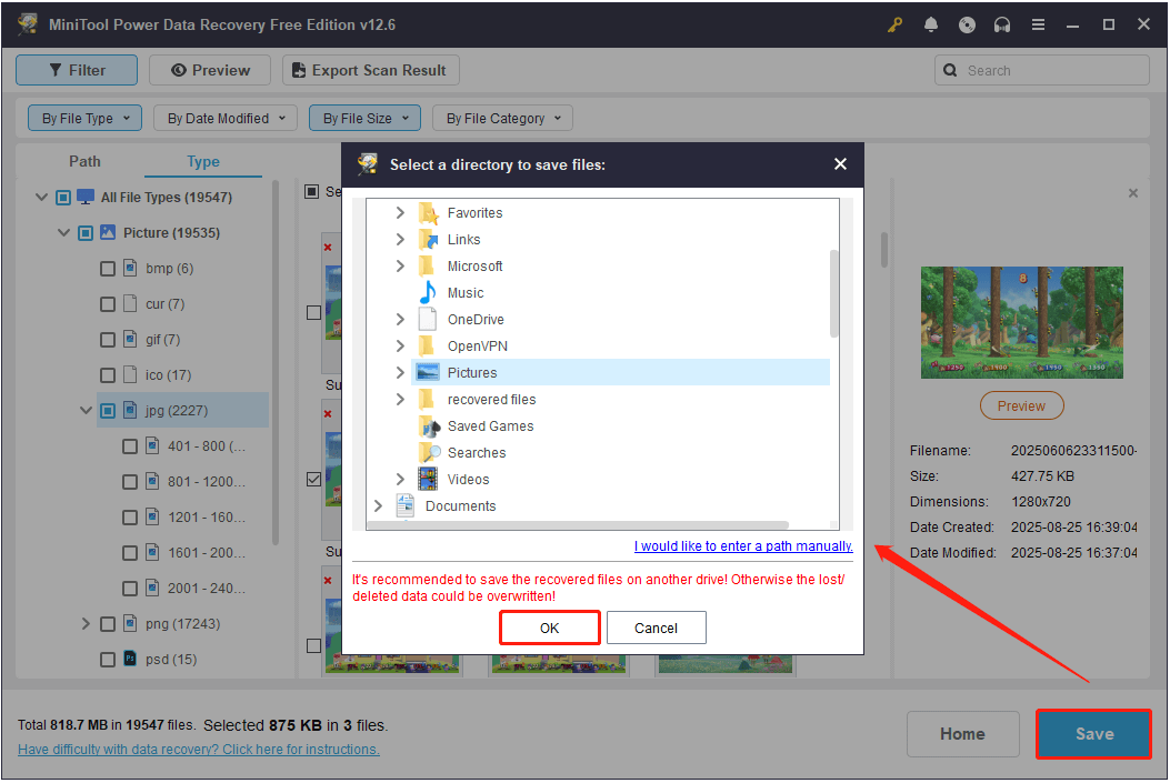 select a location to save the checked files in MiniTool Power Data Recovery