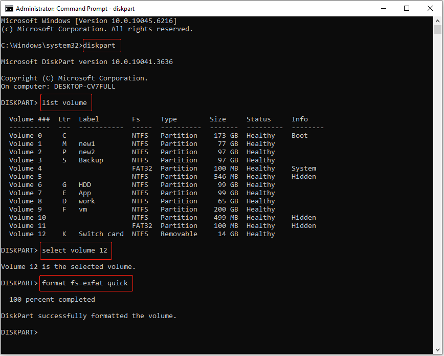 format the volume to exFAT in Command Prompt