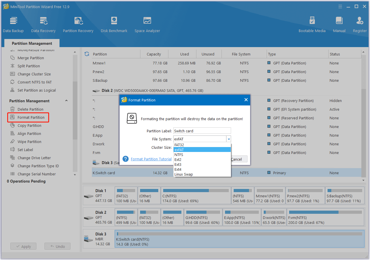 format the partition in MiniTool Partition Wizard