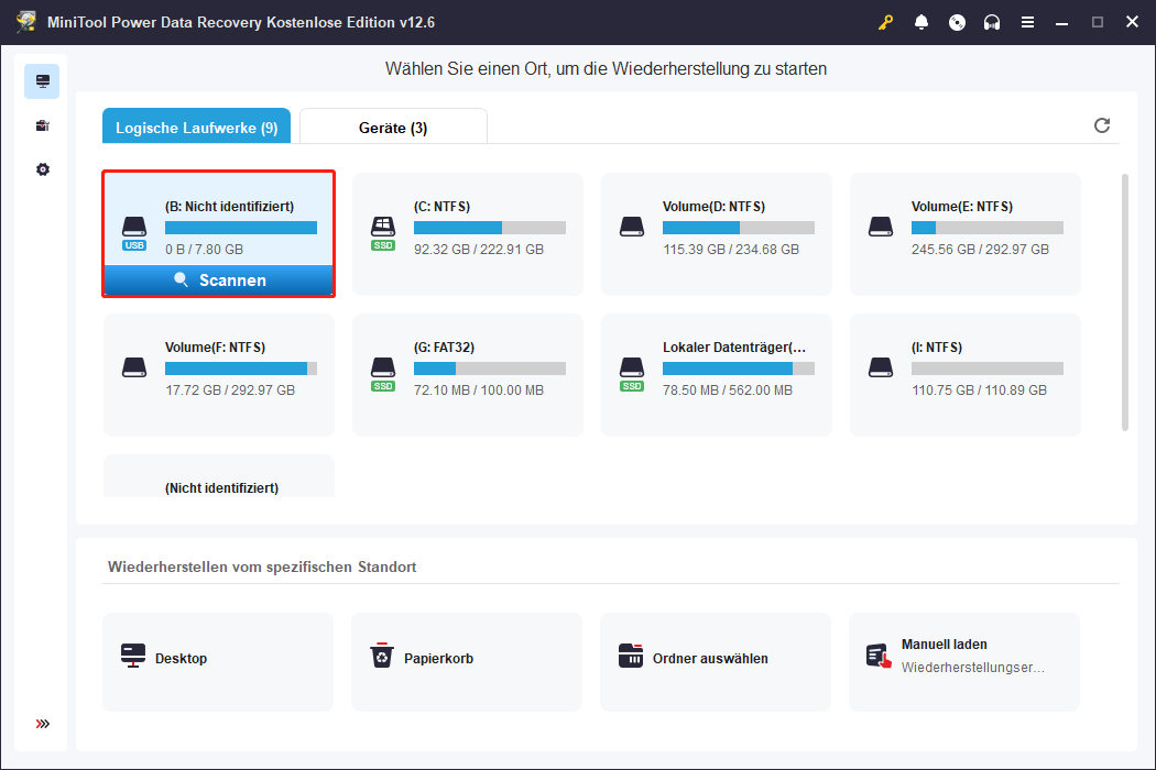 Scannen der Zielpartition für CCTV/DVR-Festplatte in MiniTool Power Data Recovery