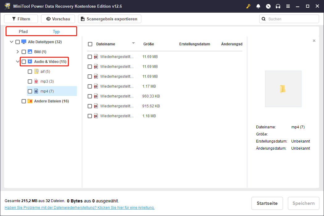 Suchen der gewünschten Videos in der Registerkarte Typ über MiniTool Power Data Recovery