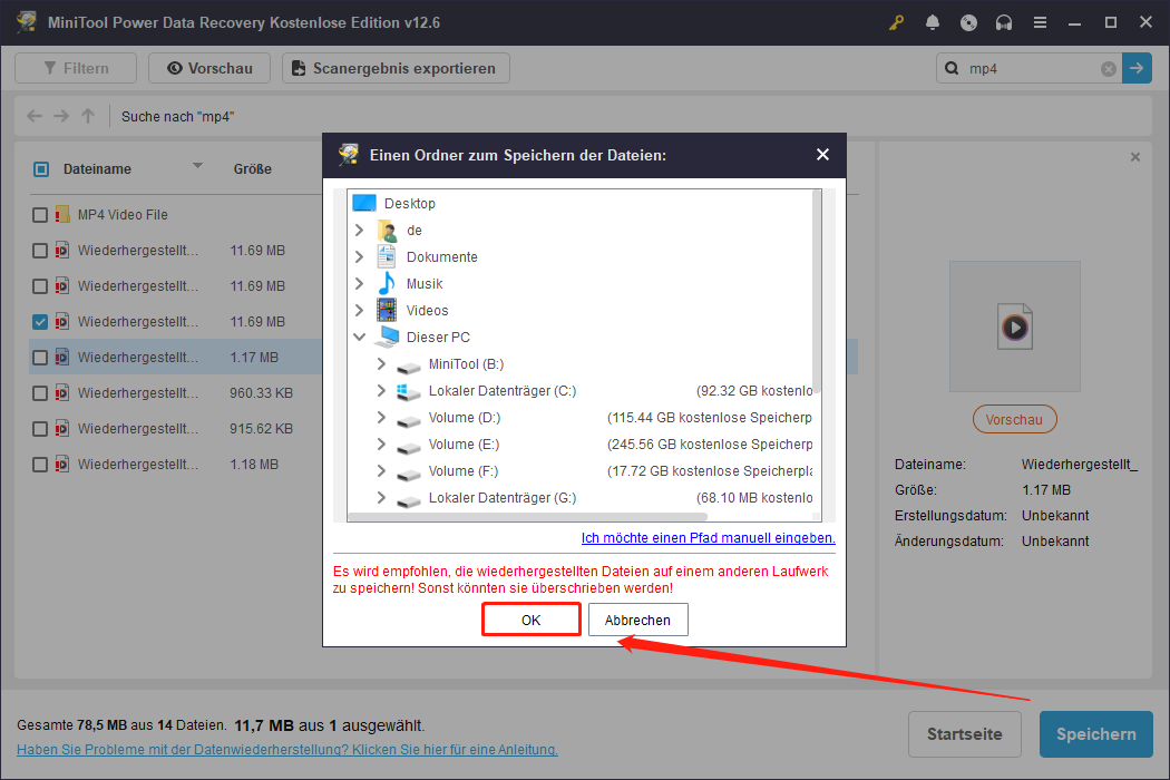 Klicken Sie auf OK, um die wiederhergestellten Dateien über MiniTool Power Data Recovery zu speichern