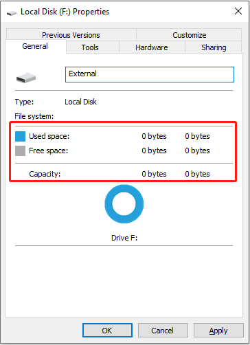 the external hard drive shows 0 bytes