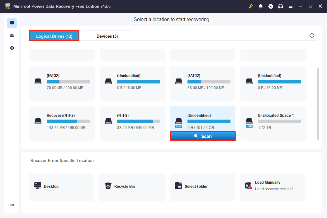 scan the external hard drive using MiniTool Power Data Recovery