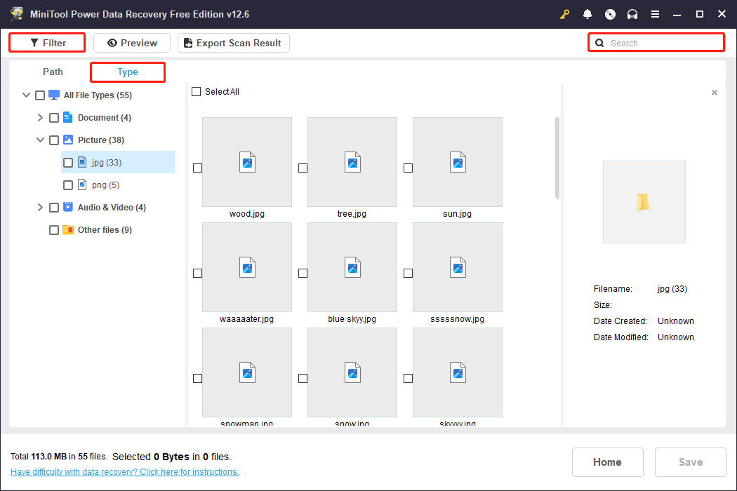 use Type, Filter, Search to find files in the scan results of MiniTool Power Data Recovery