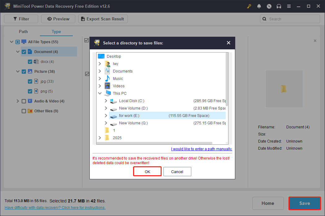 save files to a new and safe location using MiniTool Power Data Recovery