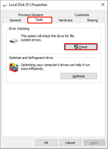 run disk error tool to fix errors