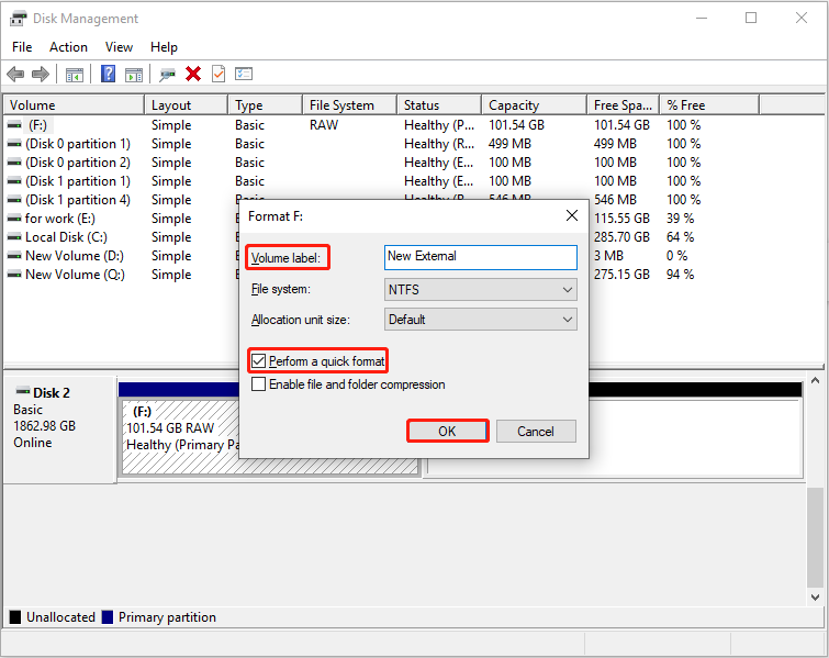 fix 0-byte external hard drive in Disk Management