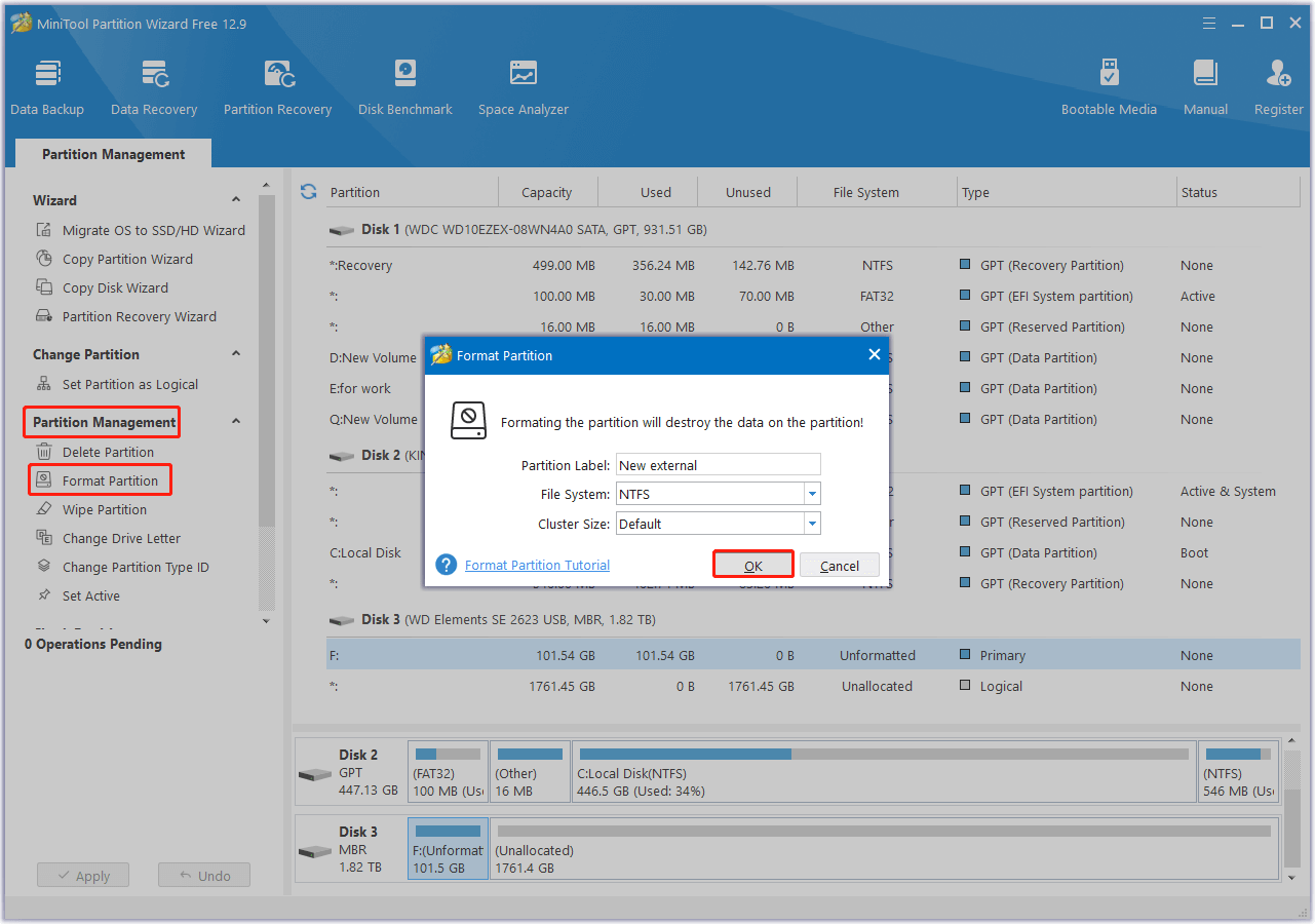 format external hard drive using MiniTool Partition Wizard