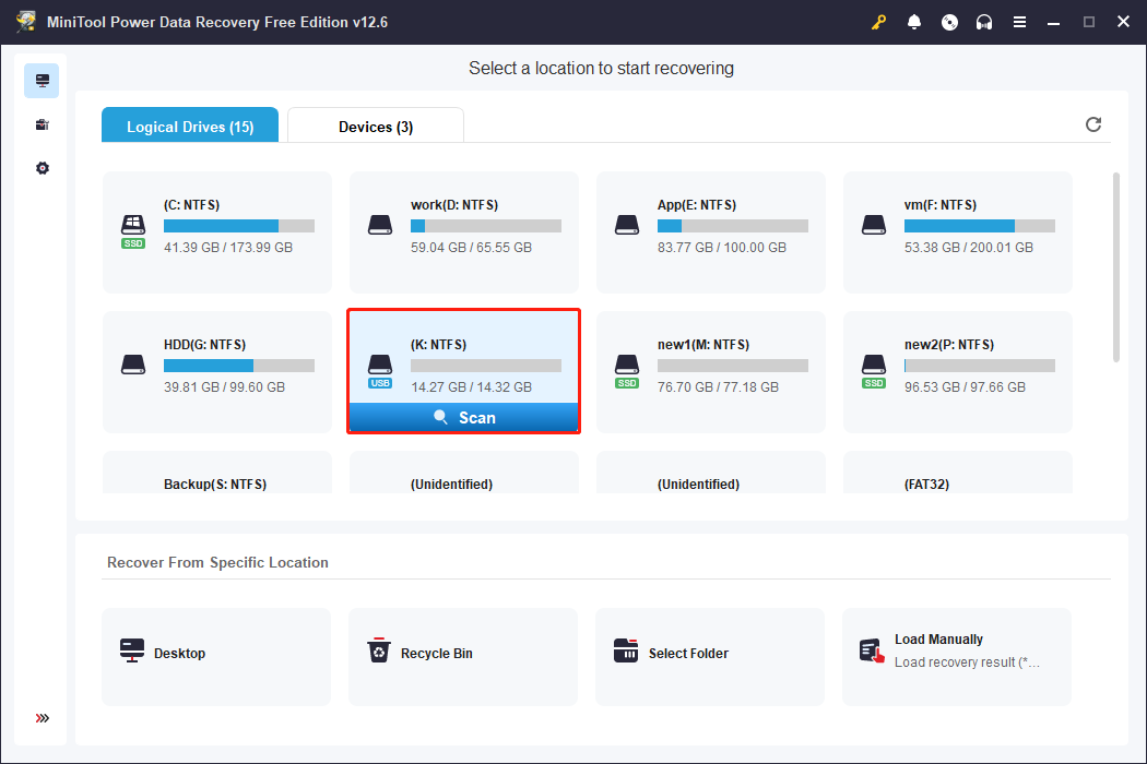 select the partition to scan in MiniTool Power Data Recovery