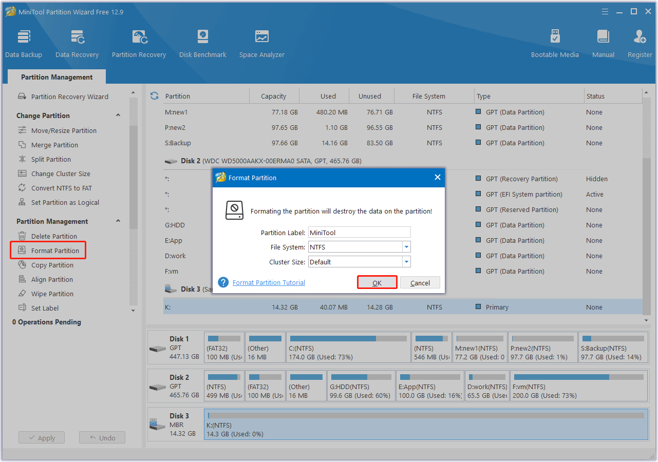 format the partition in MiniTool Partition Wizard