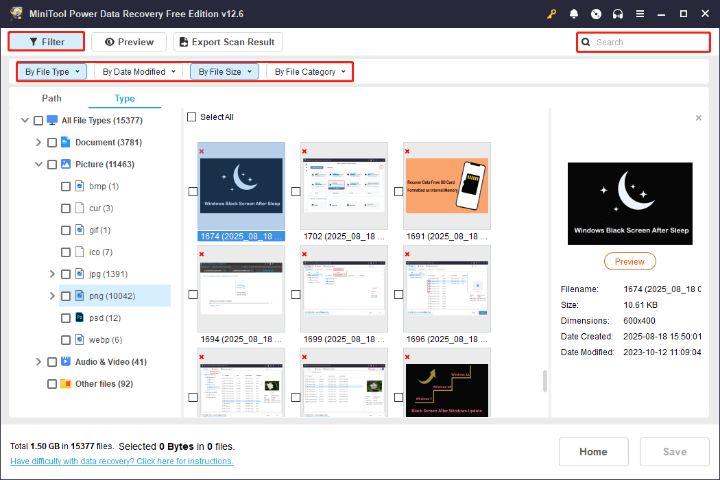 use Filter and Search to find files in MiniTool Power Data Recovery