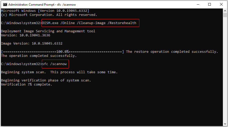 run DISM and SFC commands to repair system files in Command Prompt
