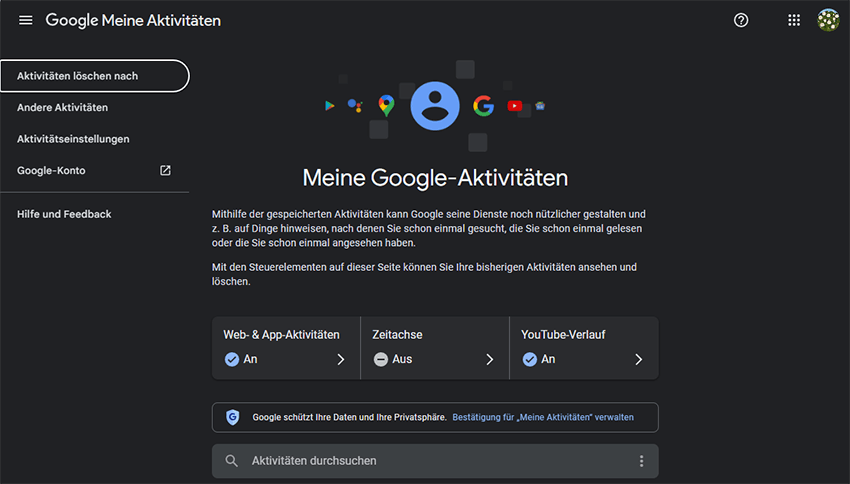 Die Seite von Meine Google-Aktivitäten