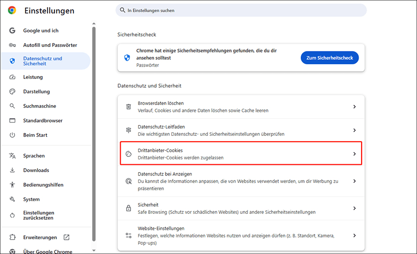 Klicken Sie im rechten Bereich auf Drittanbieter-Cookies