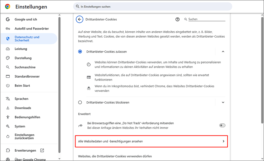 Wählen Sie Alle Websitedaten und -berechtigungen ansehen