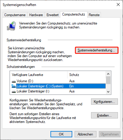 Klicken Sie auf die Schaltfläche Systemwiederherstellung