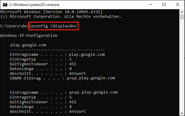 Geben Sie den Befehl ein: ipconfig /displaydns und drücken Sie die Eingabetaste.