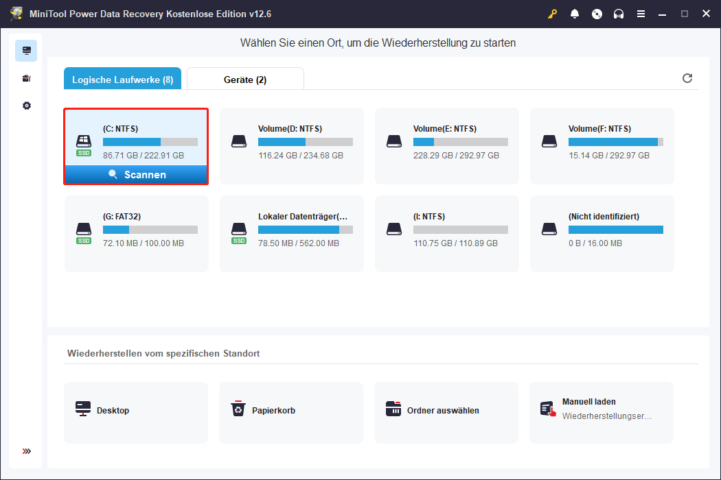 Wählen Sie die Zielpartition, in der der Chrome-Verlauf-Ordner gespeichert ist, und klicken Sie auf Scannen.
